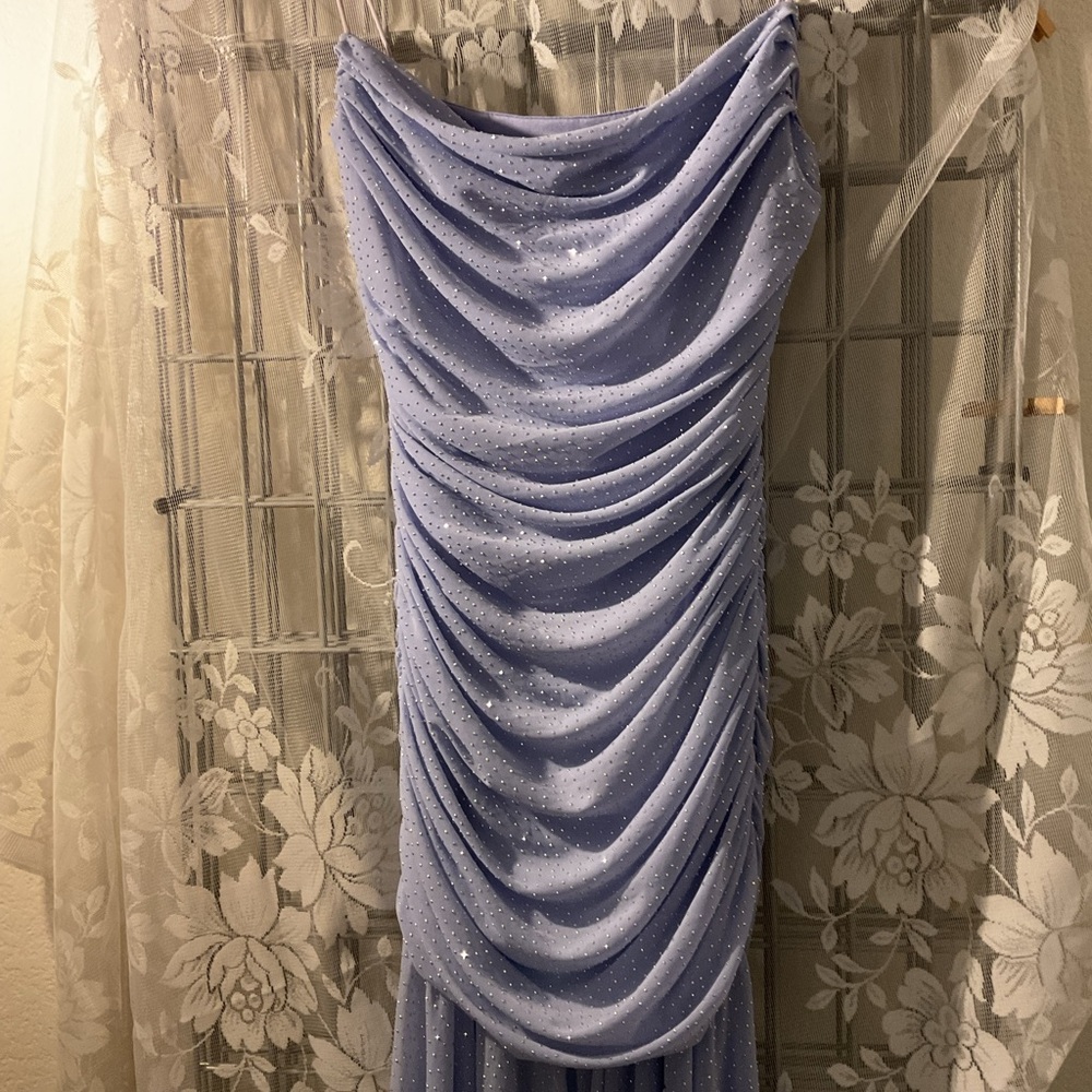 Klesis Light Purple Ruched Dress w/sheer layered bottom. Worn for a few hours.